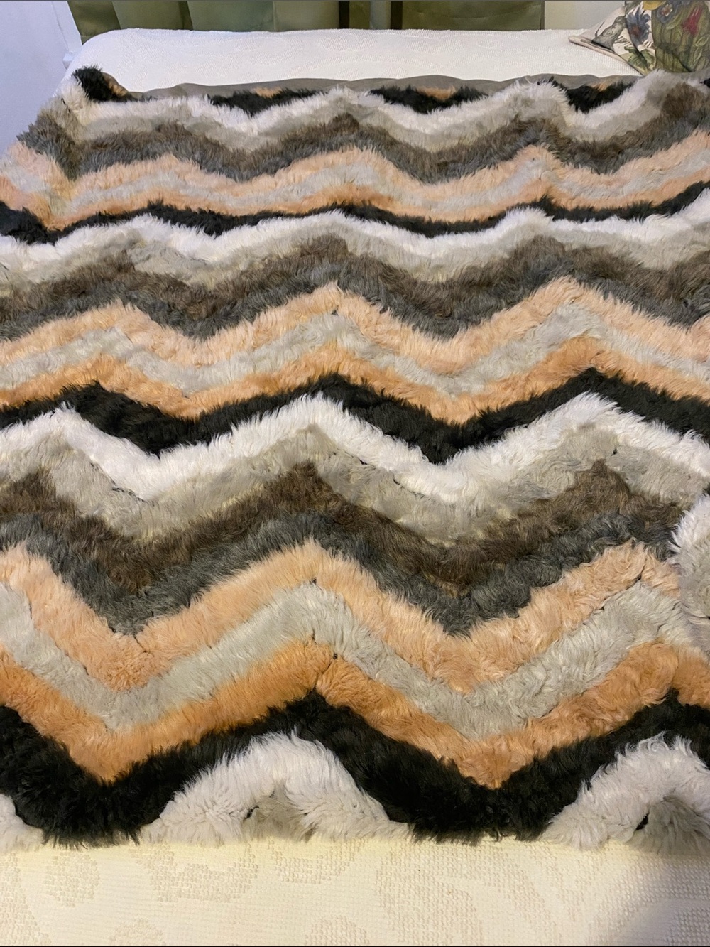 Tahari Chevron Faux Fur Throw Blanket in Cream, Black, Tan, Gray